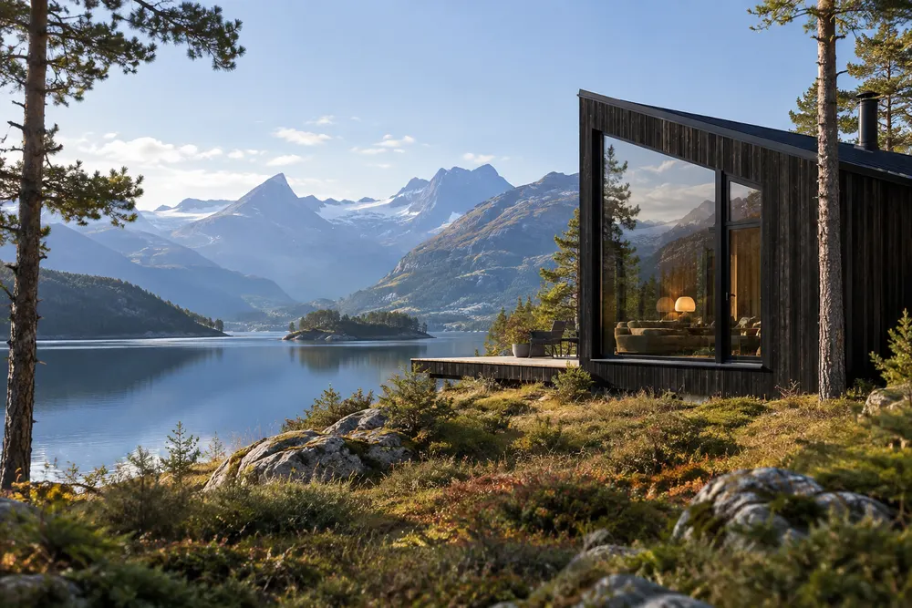 Illustrasjon av en hytte ved et norsk fjellvann